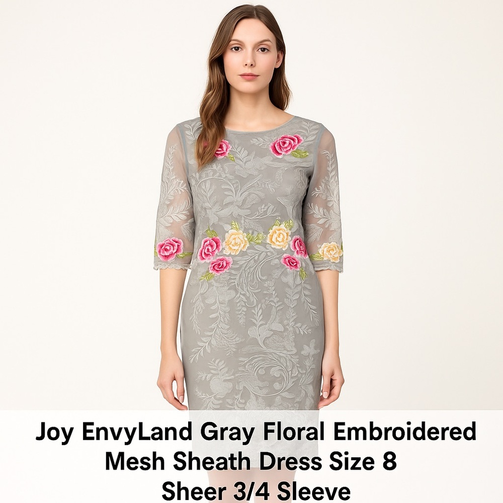 Joy EnvyLand Gray Floral Embroidered Sheer‎ Mesh Dress Size No.1 Knee Length